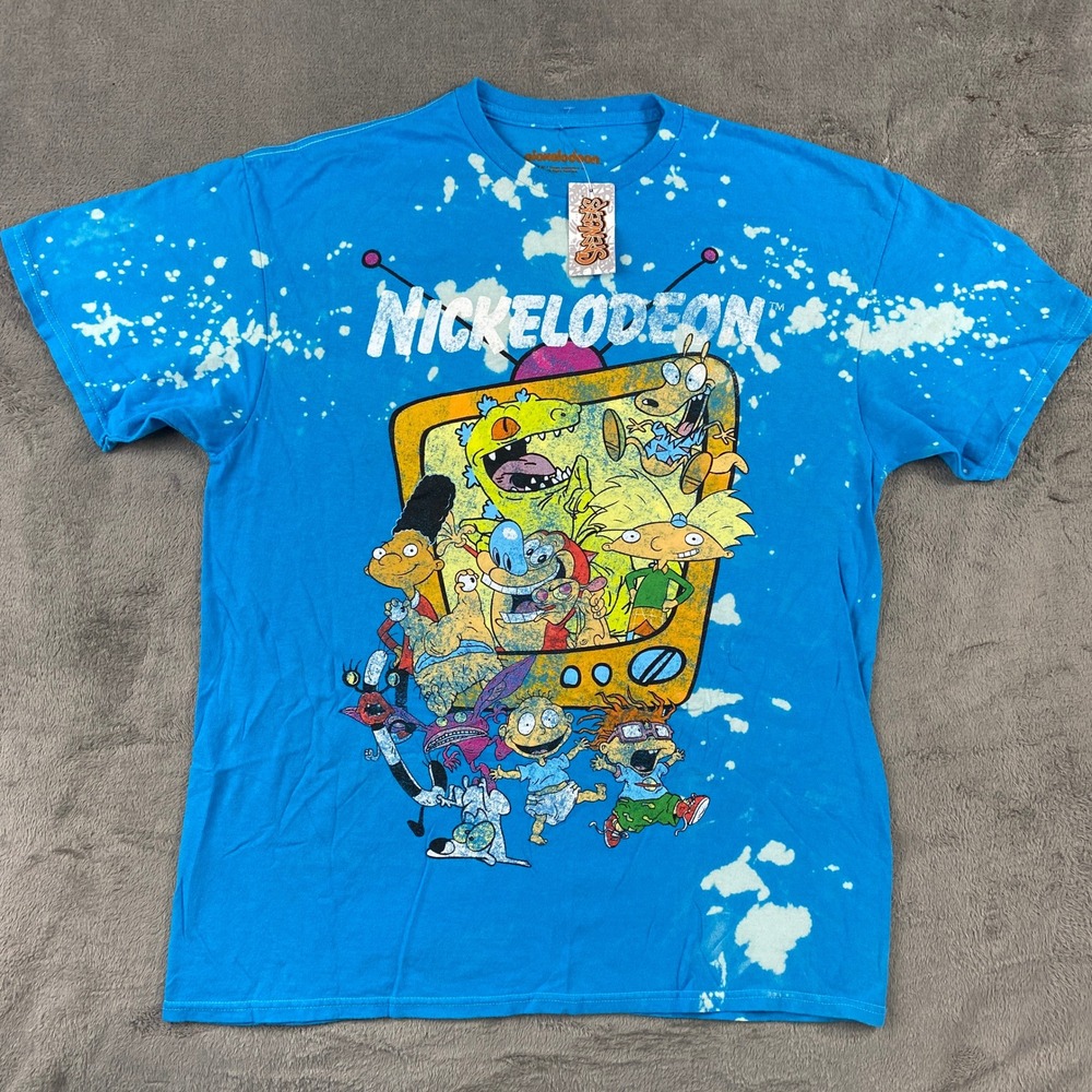 Nickelodeon T-Shirt Mens Large Blue 90s Cartoon Bleach Splatter Spencers Tee